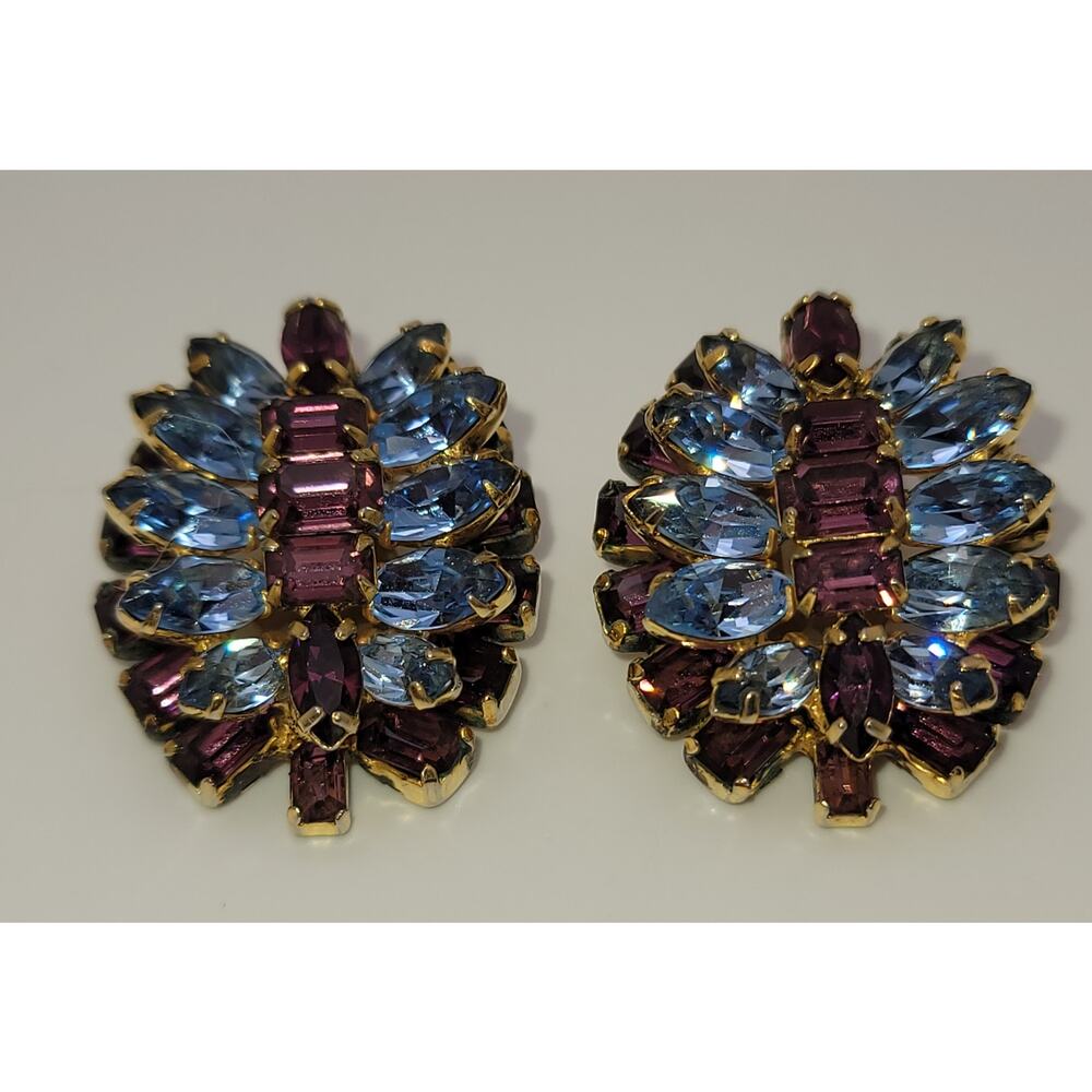 Vintage Kramer of NY Blue & Amethyst Colored Rhinestone Clip on Earrings